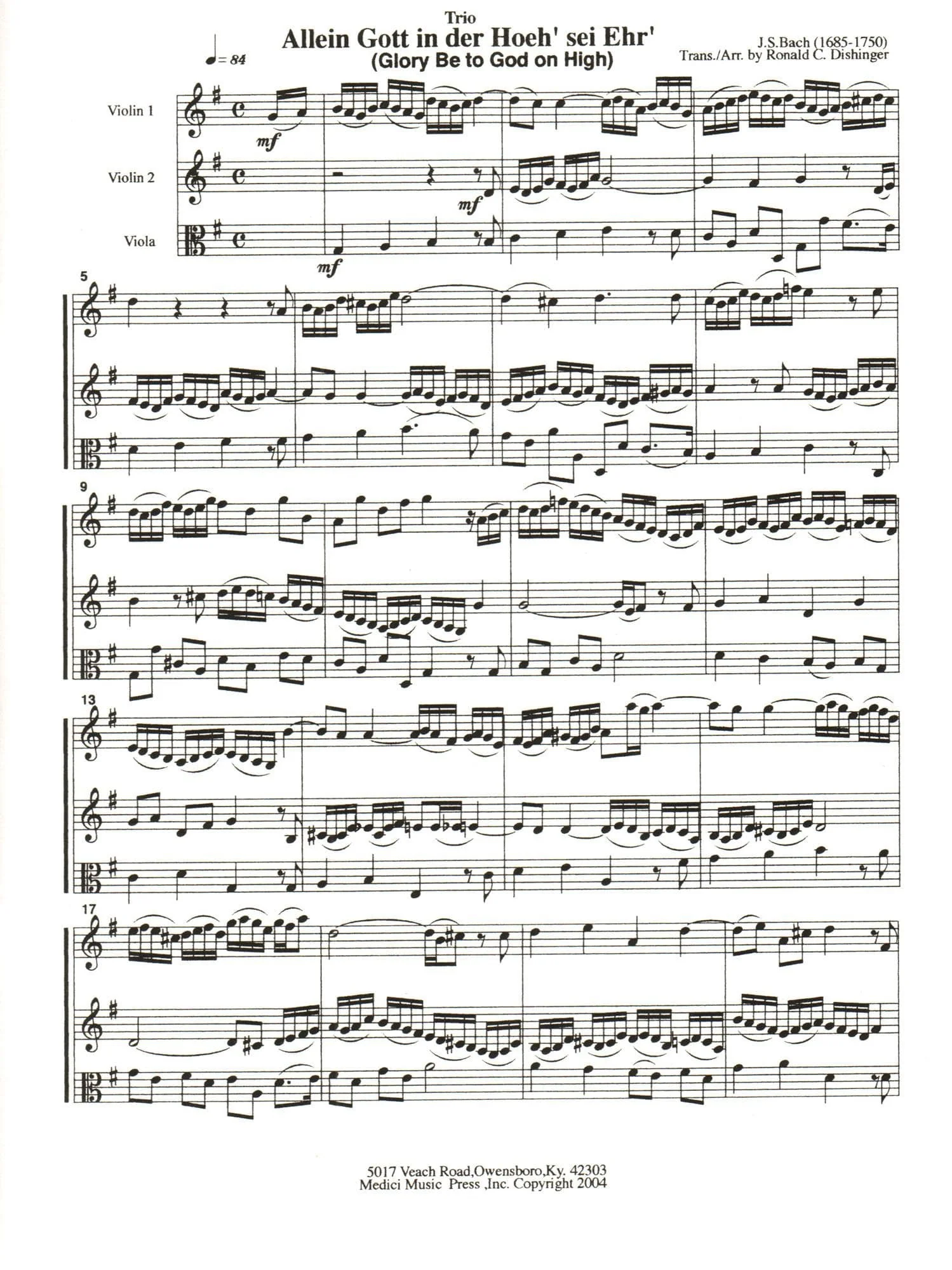 Bach, J.S. - Glory Be to God on High - for Two Violins and Viola - arranged by Dishinger - Medici Music Press - Image 2