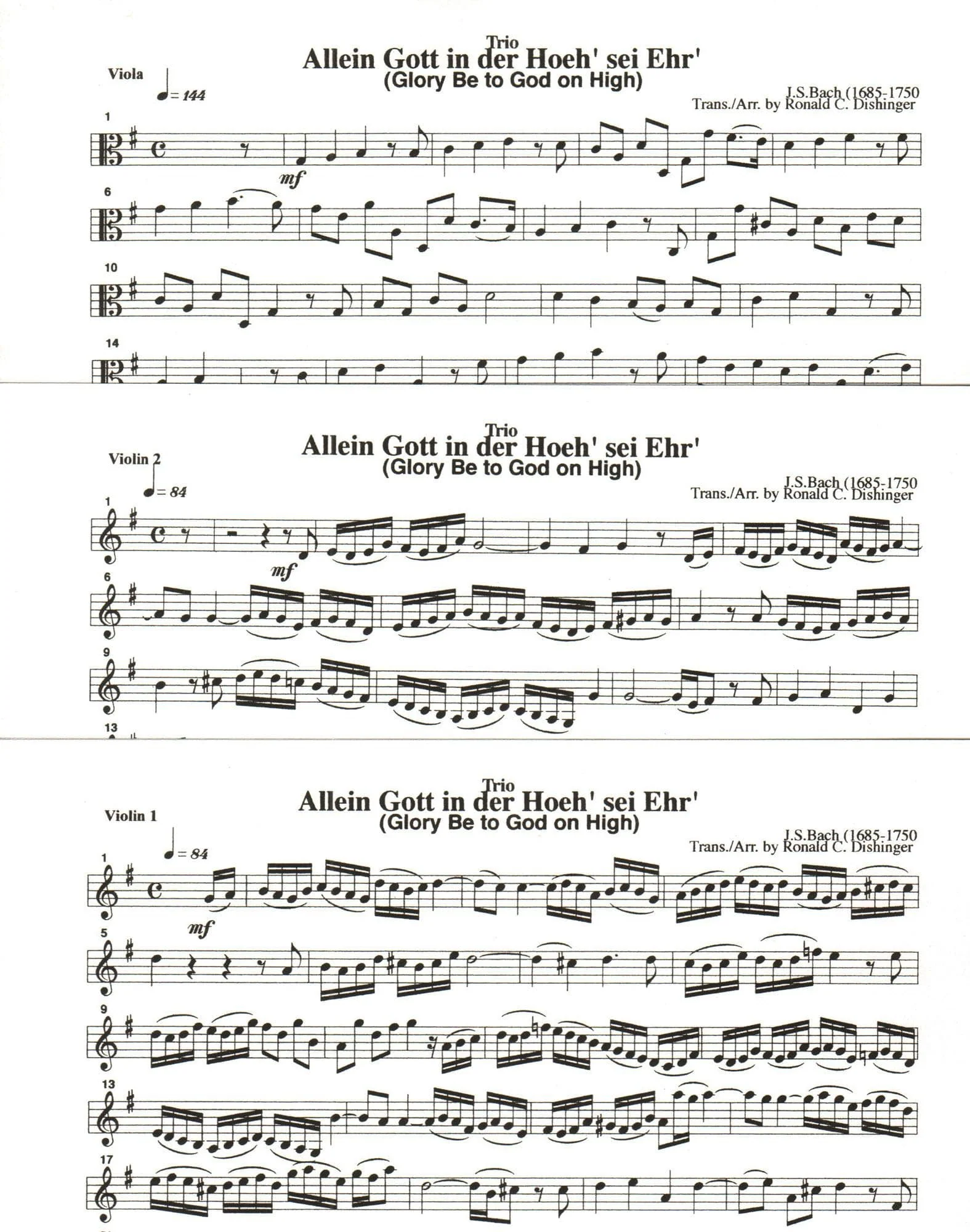 Bach, J.S. - Glory Be to God on High - for Two Violins and Viola - arranged by Dishinger - Medici Music Press - Image 3