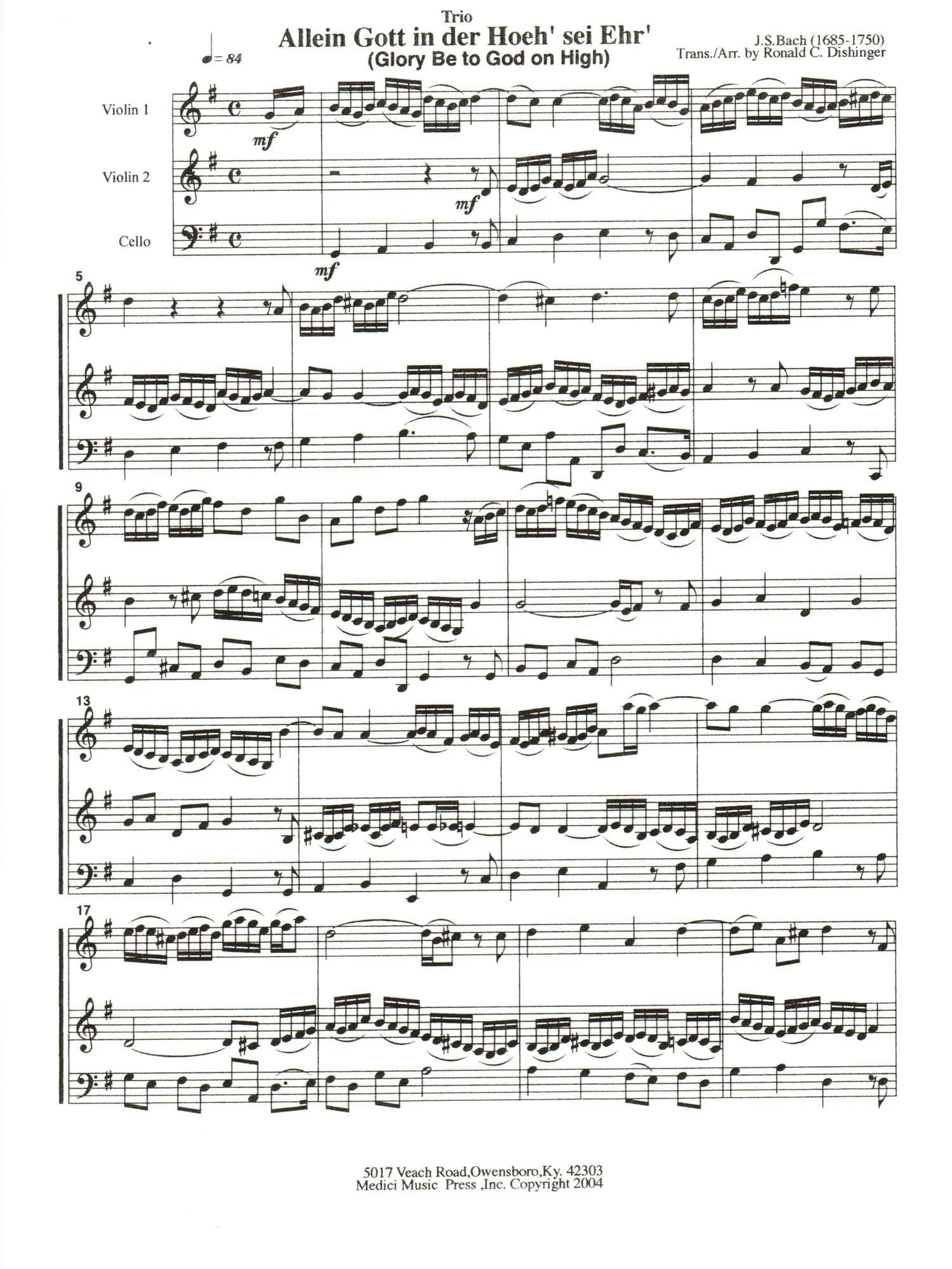 Bach, J.S. - Glory Be to God on High for Two Violins and Cello - Medici Music Press Publication - Image 2