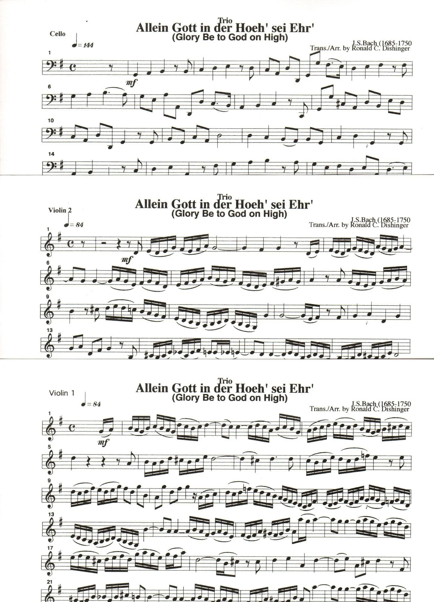 Bach, J.S. - Glory Be to God on High for Two Violins and Cello - Medici Music Press Publication - Image 3