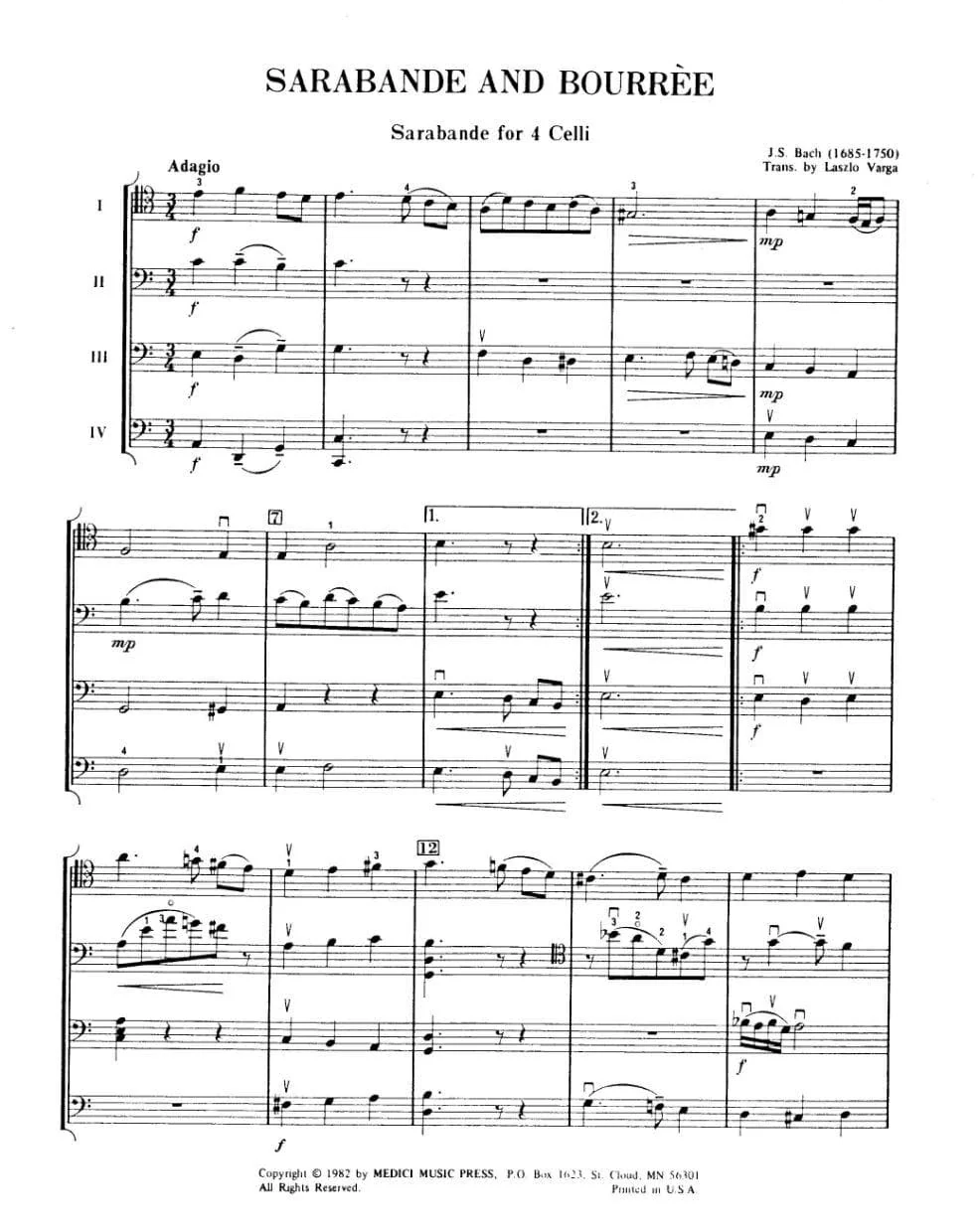 Bach, JS - Sarabande and Bourree BWV 1002 for Four Cellos - Score and Parts - Arranged by Varga - MusiCelli Publication - Image 2