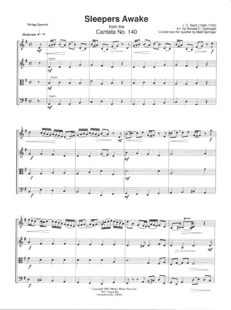 Bach, JS - Sleepers Awake from Cantata No 140 for Two Violins, Viola and Cello - Dishinger/Springer - Medici Music Press Publication - Image 2