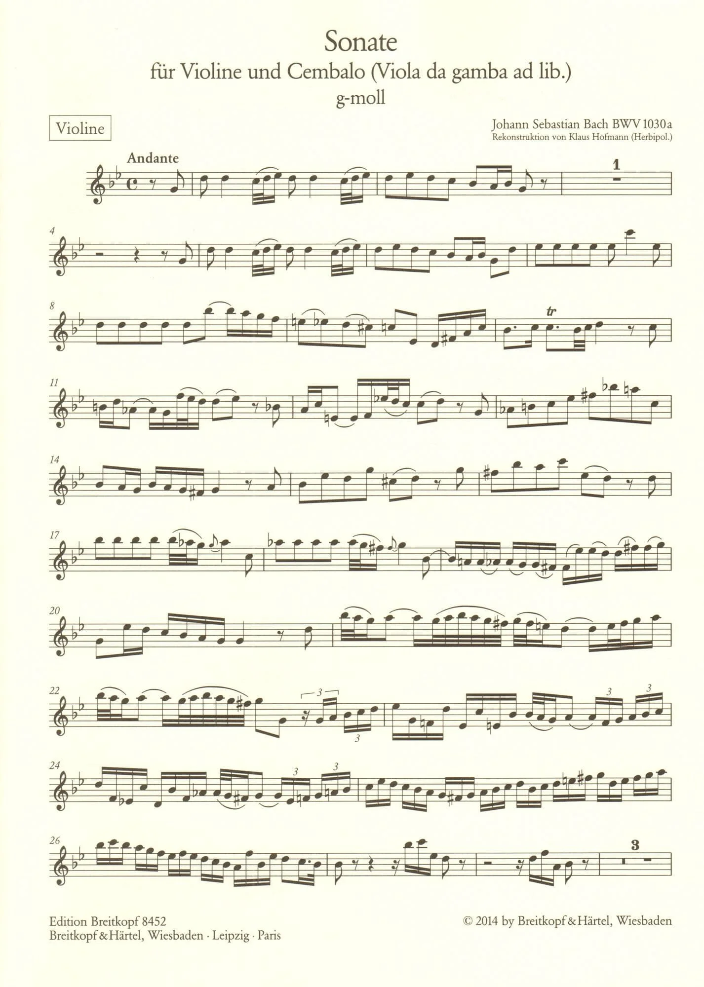 Bach, J.S. - Sonata for Violin and Cembalo in G Minor - optional Viola da gamba part - BWV 1030a - Edition Breitkopf - Image 3