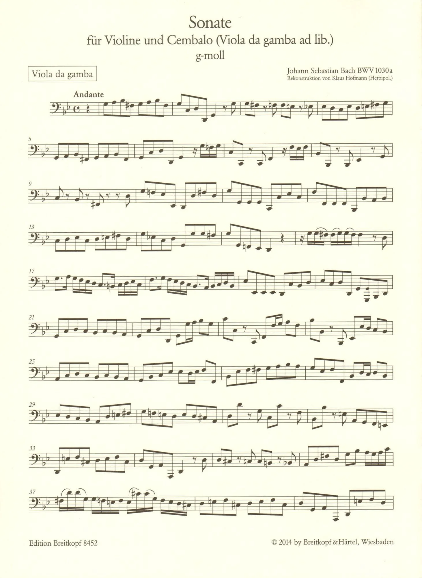 Bach, J.S. - Sonata for Violin and Cembalo in G Minor - optional Viola da gamba part - BWV 1030a - Edition Breitkopf - Image 4