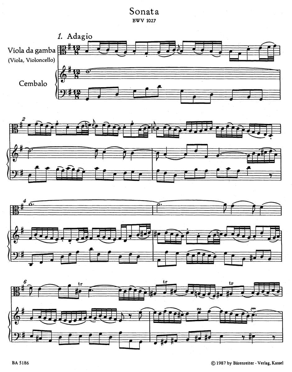 Bach, JS - 3 Viola da Gamba Sonatas BWV 1027 1029 for Viola and Piano - Arranged by Eppstein - Barenreiter Verlag URTEXT Edition - Image 2