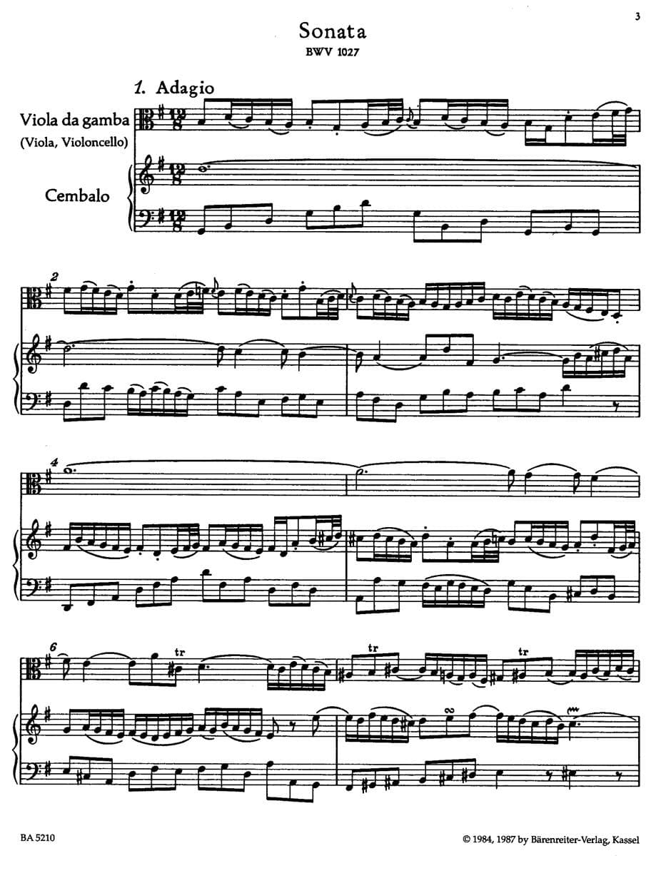 Bach, JS - 3 Sonatas BWV 1027 1029 for Cello and Piano - Arranged by Epstein - Barenreiter Verlag Edition - Image 2