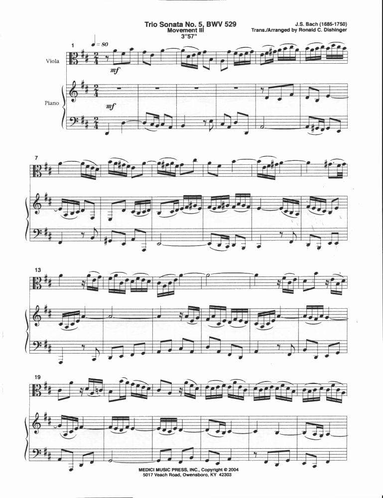 Bach, JS - Trio Sonata No 5, Movement 3 from Six Trio Sonatas, BWV 529 - Viola and Piano - arranged by Ronald Dishinge - Medici Music - Image 2