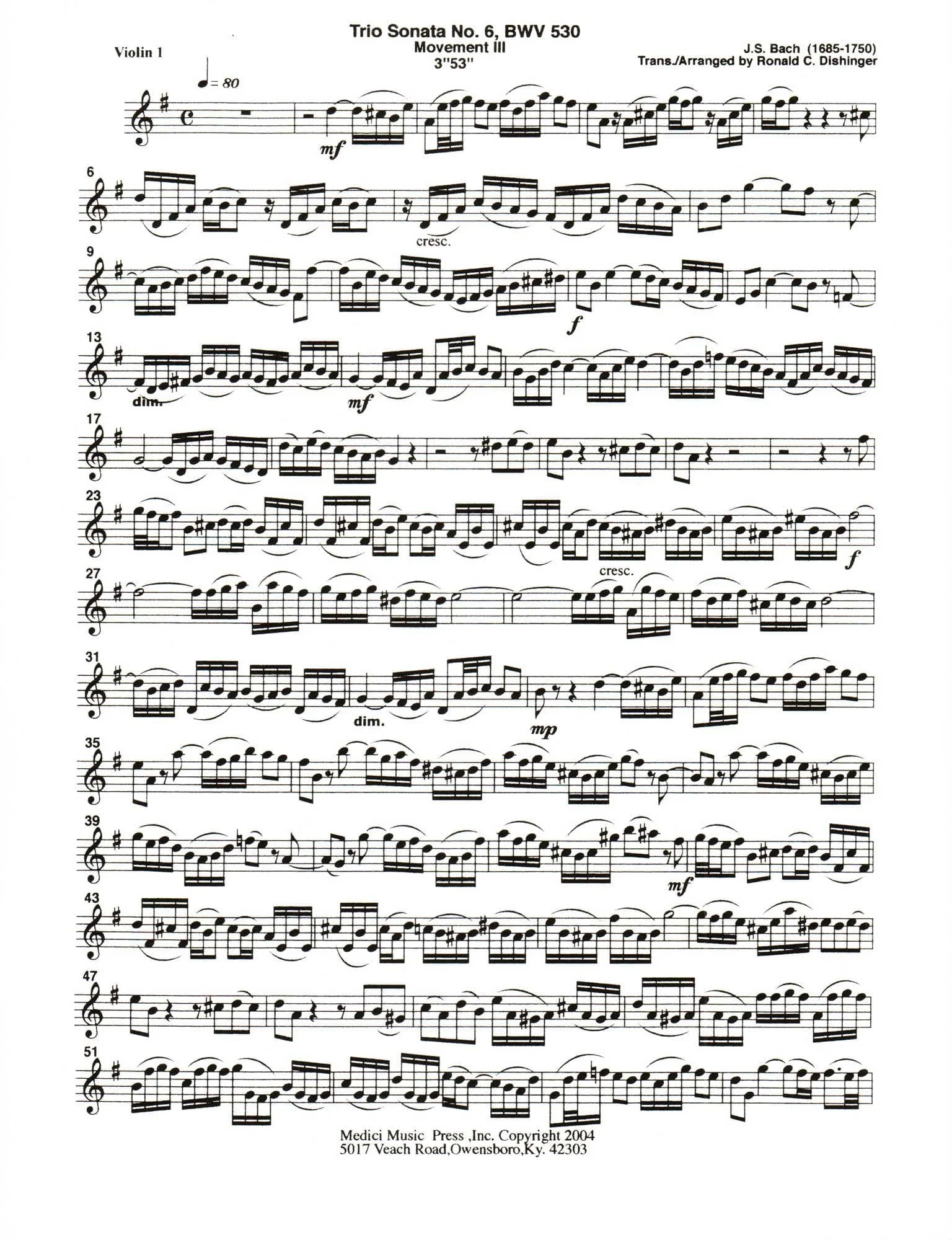 Bach, J.S. - Trio Sonata No. 6, Mvt. III, from BWV 530 - for String Quintet or Orchestra - transcribed by Dishinger - Medici Music Press - Image 3