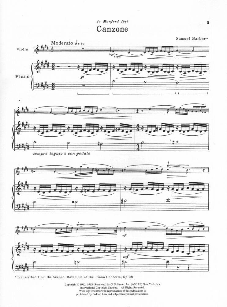 Barber, Samuel - Canzone Op 38a for Violin and Piano - Schirmer Edition - Image 2