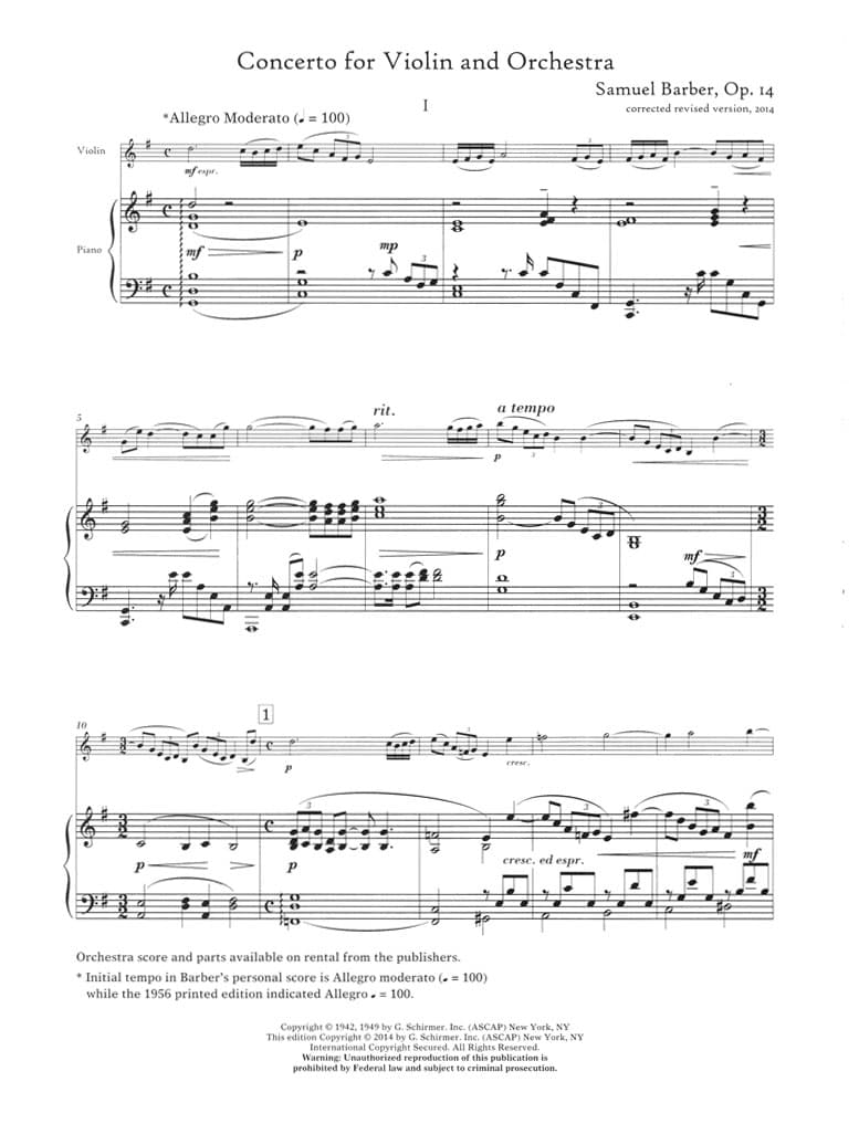 Barber, Samuel - Concerto Op 14 for Violin and Piano Revised - Schirmer Edition - Image 2