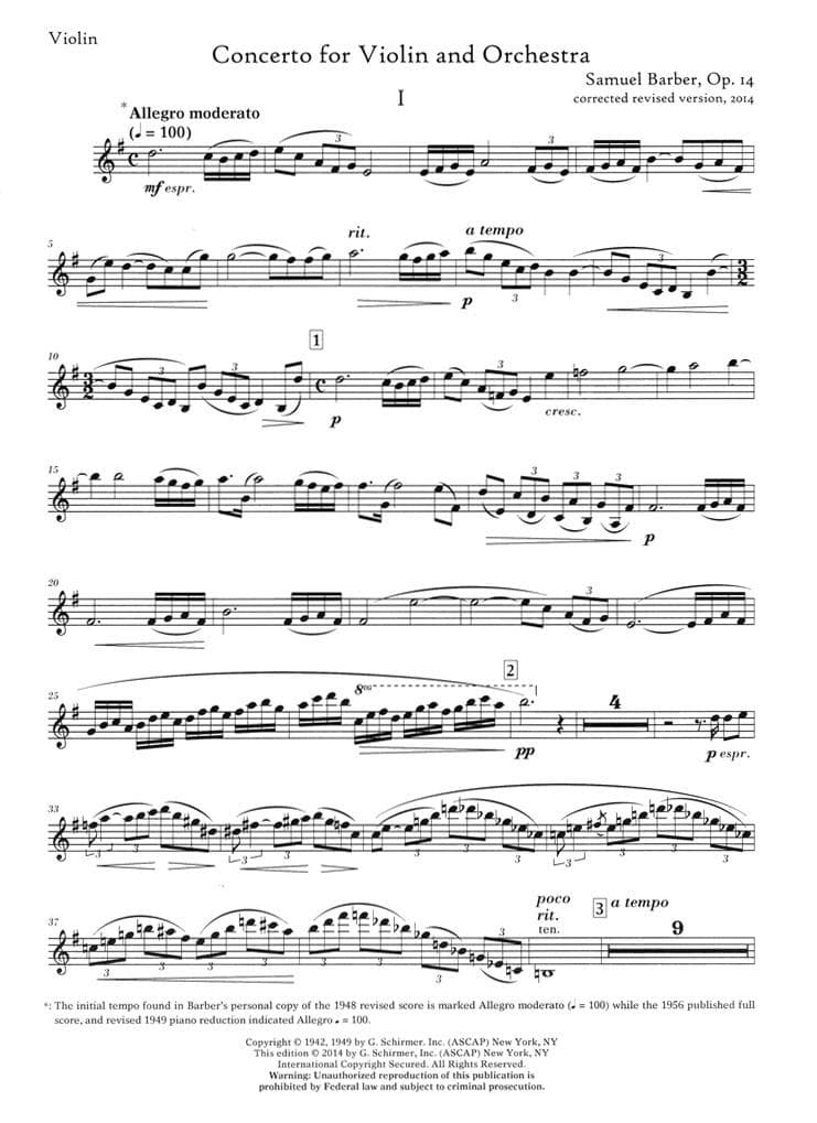Barber, Samuel - Concerto Op 14 for Violin and Piano Revised - Schirmer Edition - Image 3