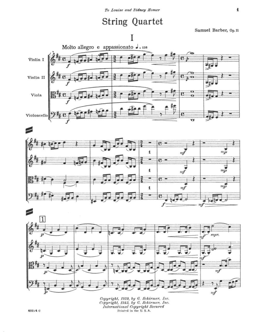 Barber, Samuel - String Quartet Op 11 - Score - Schirmer Edition - Image 2