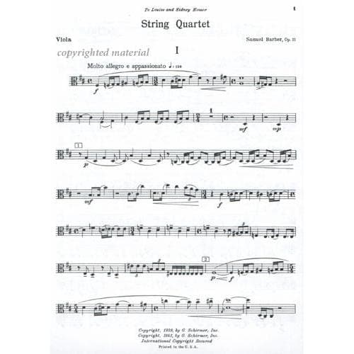 Barber, Samuel - String Quartet Op 11 Set of Parts for Two Violins, Viola and Cello - Schirmer Edition - Image 4