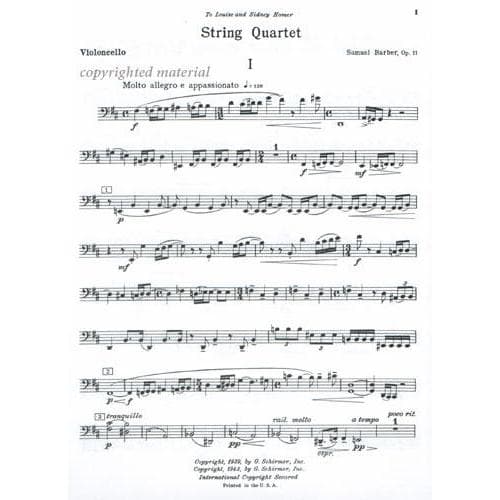Barber, Samuel - String Quartet Op 11 Set of Parts for Two Violins, Viola and Cello - Schirmer Edition - Image 5