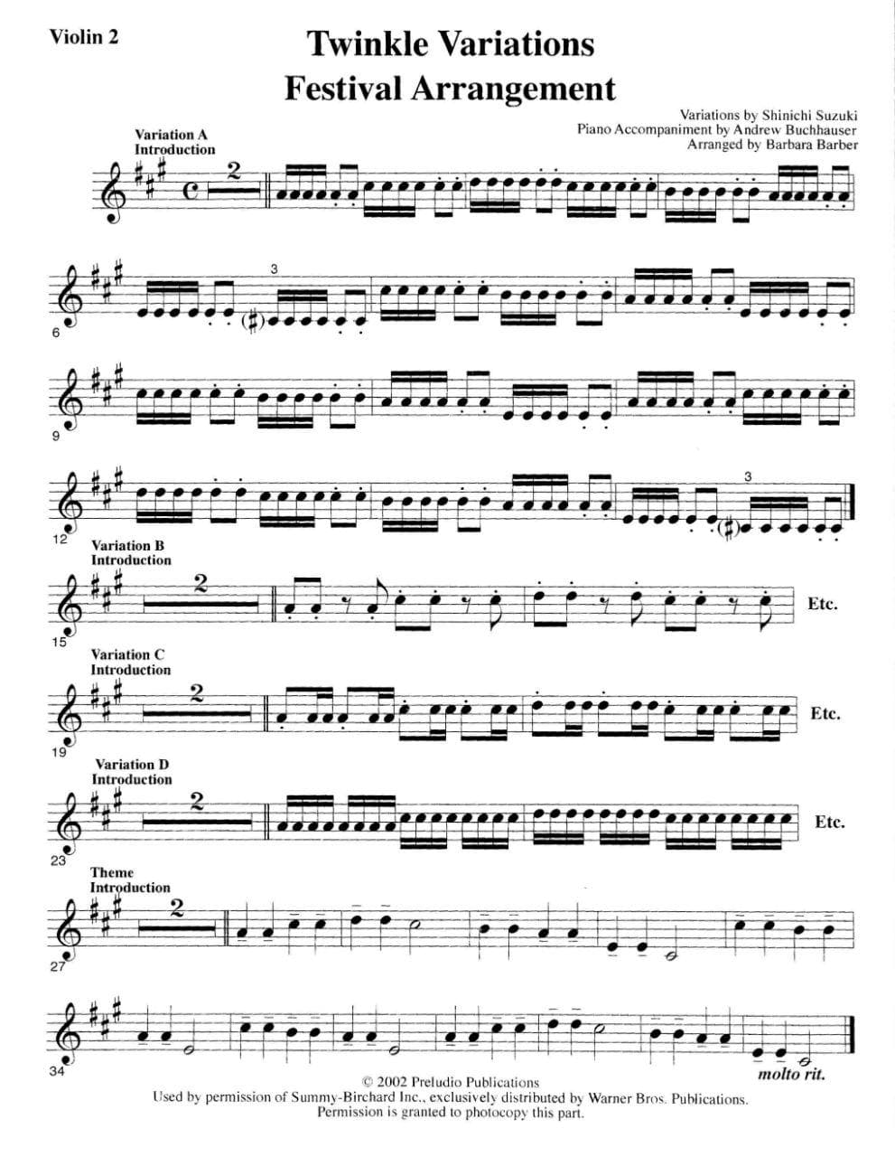 Suzuki, Shinichi - Twinkle Variations Festival Arrangement for Violins, Violas, Cellos, Basses and Piano - Arranged by Barbara Barber - Preludio Publication - Image 2