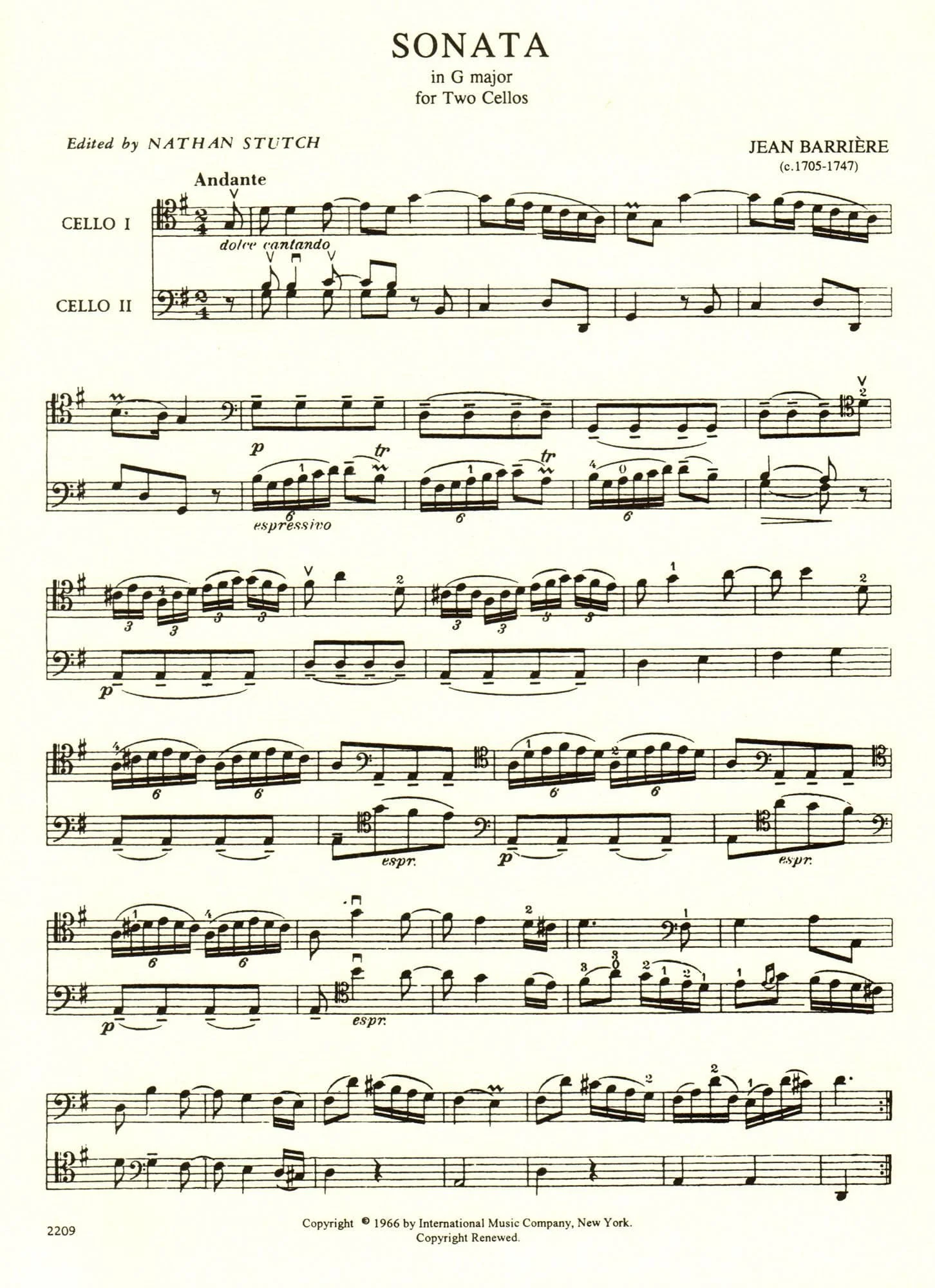 Barriere, J - Sonata In G Major for Two Cellos - Arranged by Stutch - International Edition - Image 2