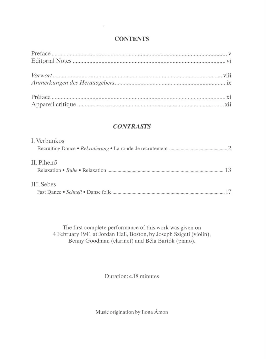 Bartok, Bela - Contrasts Sz 116 for Violin, Clarient and Piano (Corrected Edition 2002) - Edited by Dellamaggiore and Bartok - Boosey & Hawkes Edition - Image 2