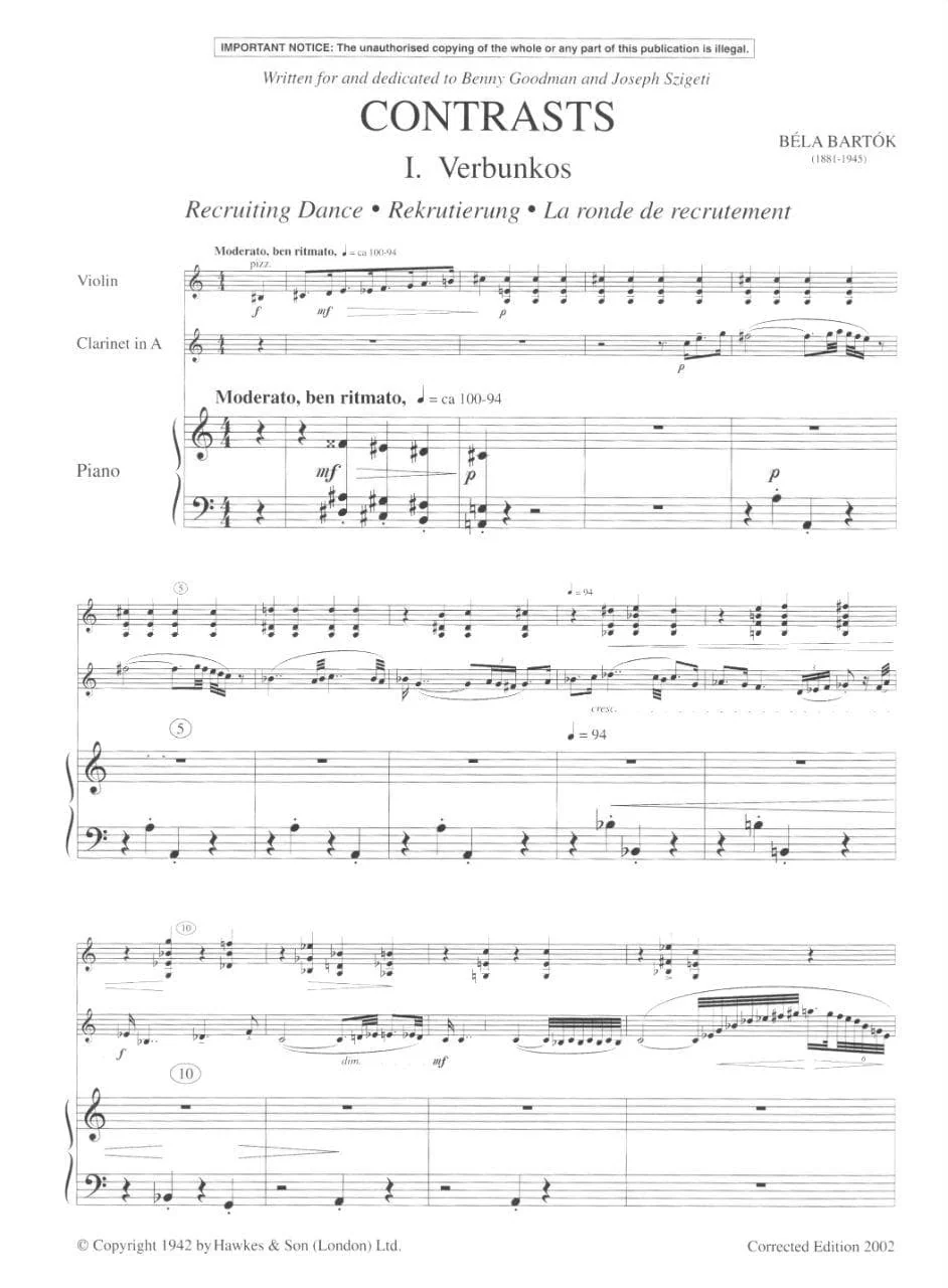 Bartok, Bela - Contrasts Sz 116 for Violin, Clarient and Piano (Corrected Edition 2002) - Edited by Dellamaggiore and Bartok - Boosey & Hawkes Edition - Image 3