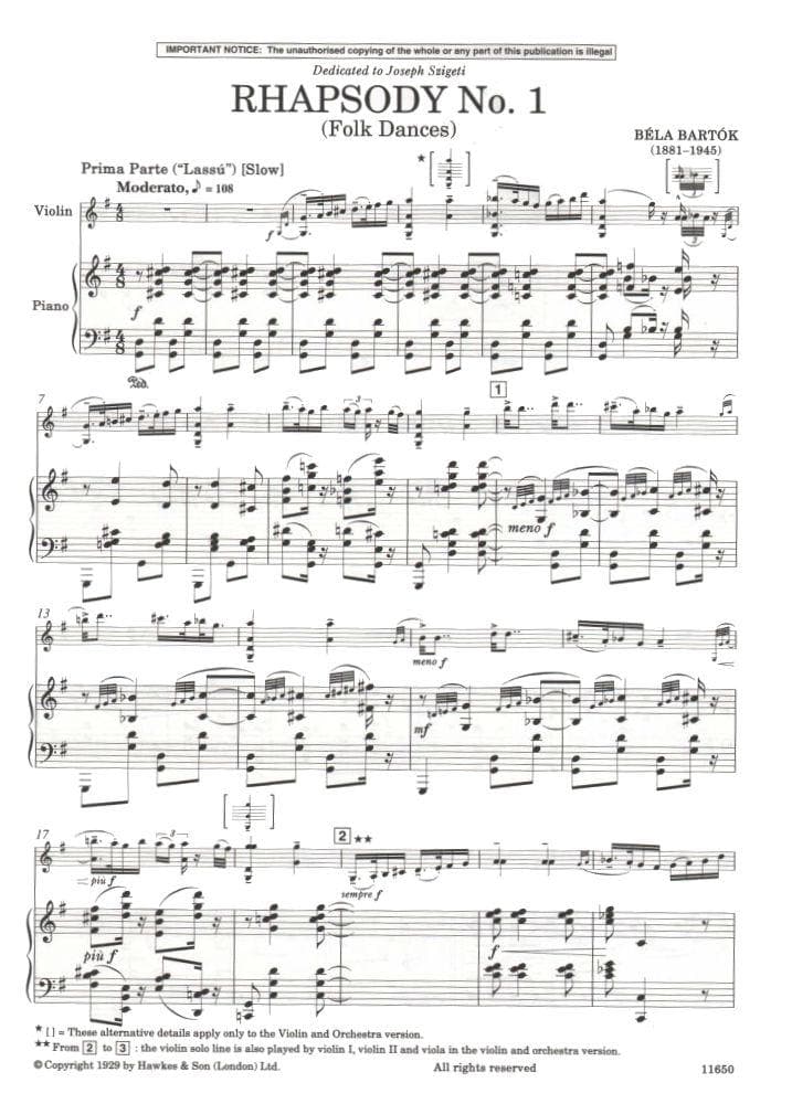 Bartók, Béla - First Rhapsody, Sz 94a ("Folk Dances") - Violin and Piano - Boosey & Hawkes Edition - Image 3