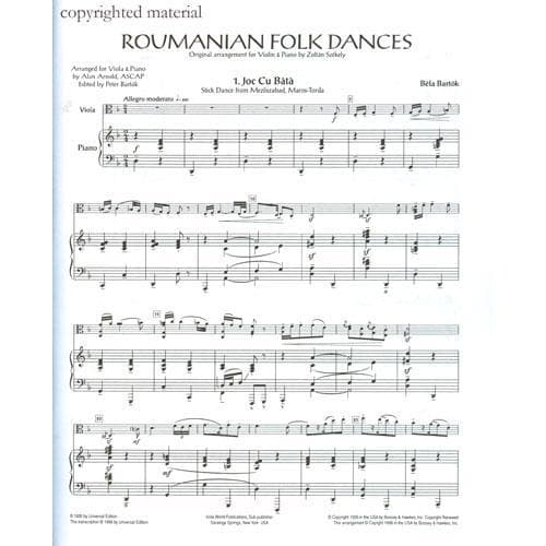 Bartok, Bela - Roumanian Folk Dances Sz 68 for Viola and Piano - Arranged by Arnold and Bartok - Viola World Publication - Image 2