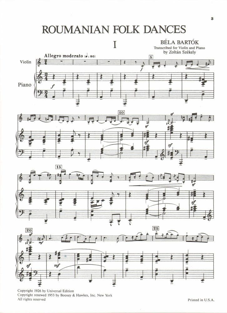 Bartok, Bela - Roumanian Folk Dances Sz 68 for Violin and Piano - Boosey & Hawkes Edition - Image 2