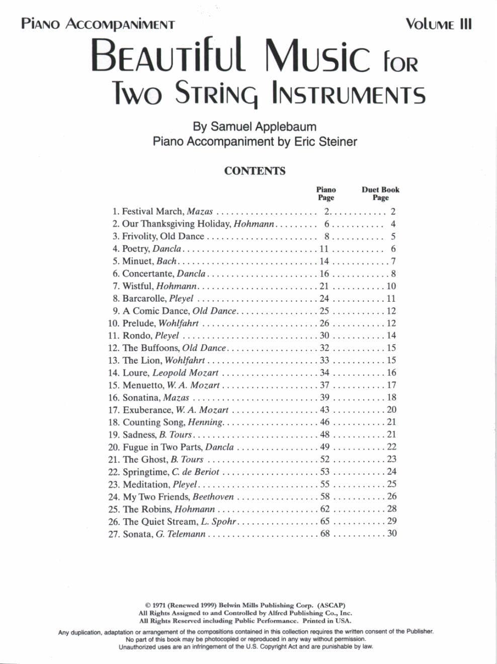 Applebaum, Samuel - Beautiful Music For Two String Instruments Volume 3 Piano Accompaniment - Arranged by Steiner - Belwin-Mills Publication - Image 2