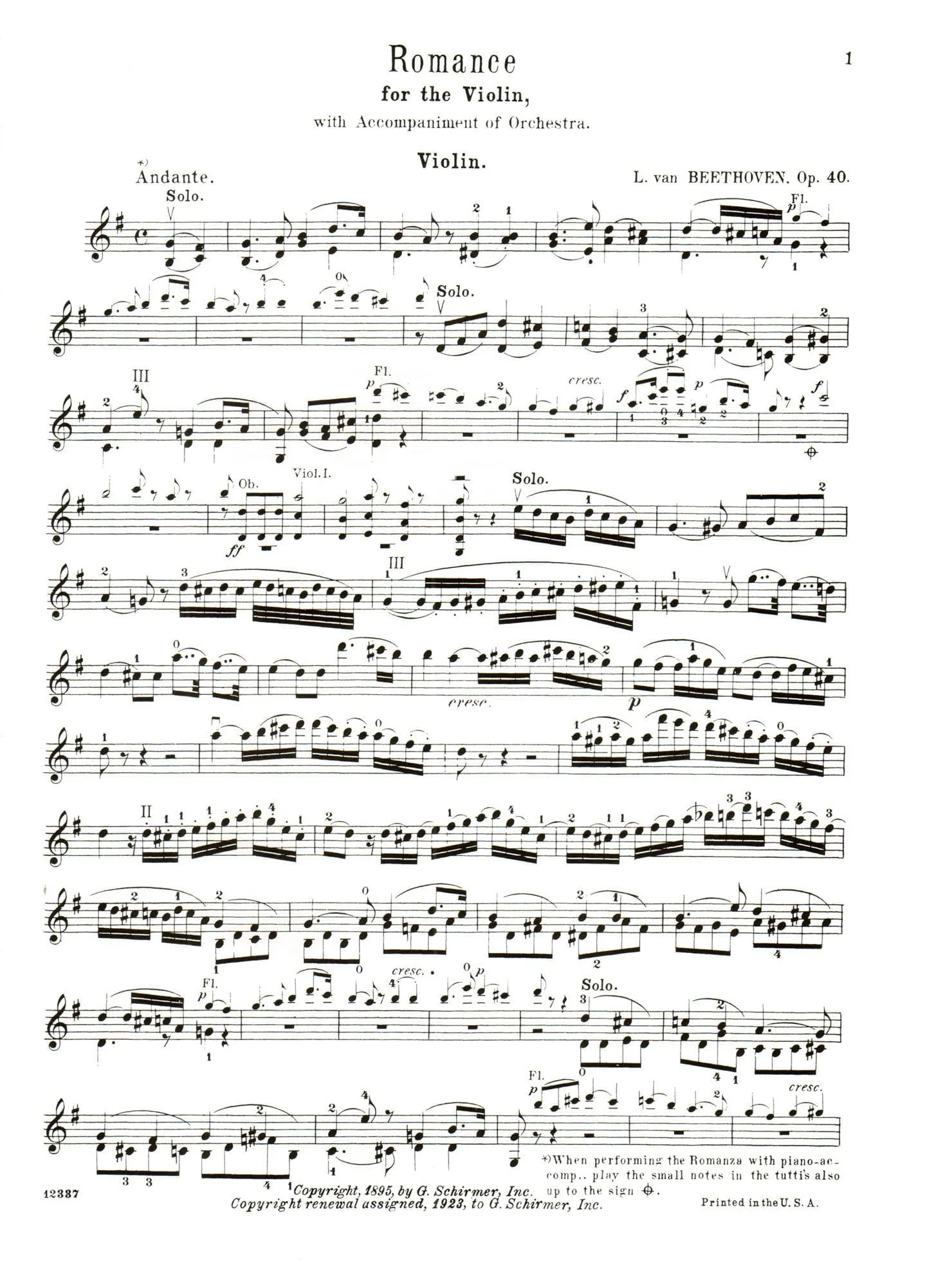 Beethoven, Ludwig - Two Romances, Op 40 and 50 - Violin and Piano - edited by Henry Schradieck - G Schirmer Edition - Image 2