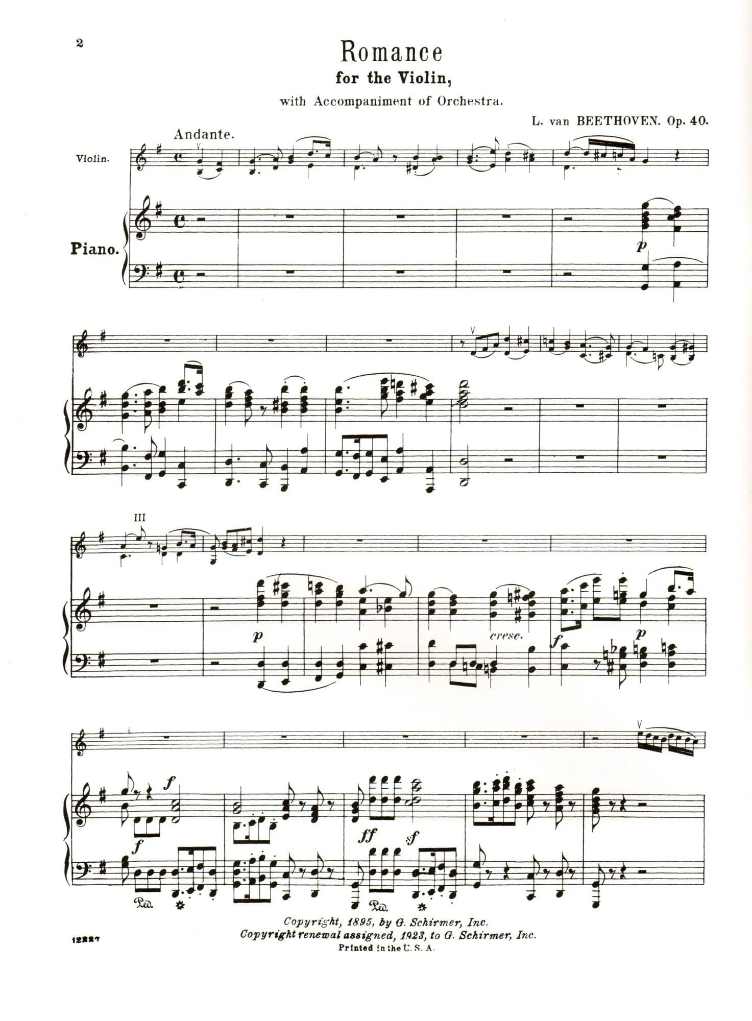 Beethoven, Ludwig - Two Romances, Op 40 and 50 - Violin and Piano - edited by Henry Schradieck - G Schirmer Edition - Image 3