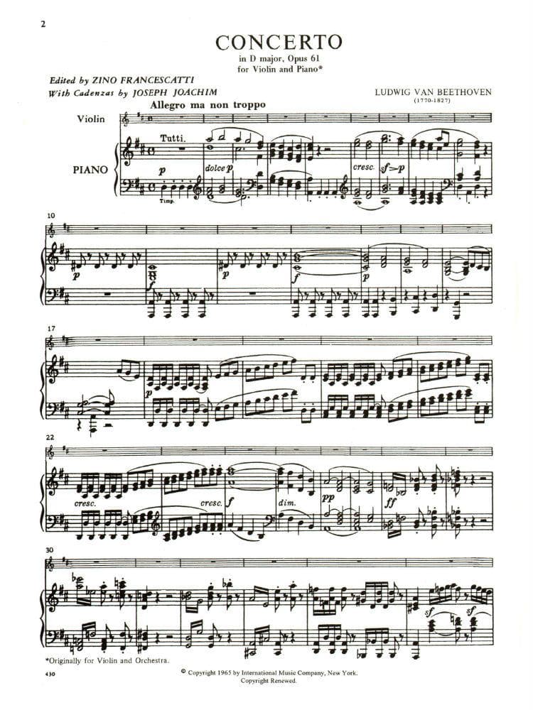 Beethoven, Ludwig - Concerto in D Major Op 61 for Violin and Piano - Arranged by Francescatti - International Edition - Image 2