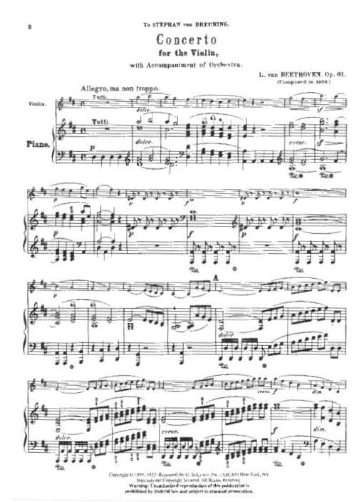 Beethoven, Ludwig - Concerto in D Major Op 61 - Violin and Piano Accompaniment - edited by Schradieck - Schirmer Edition - Image 2