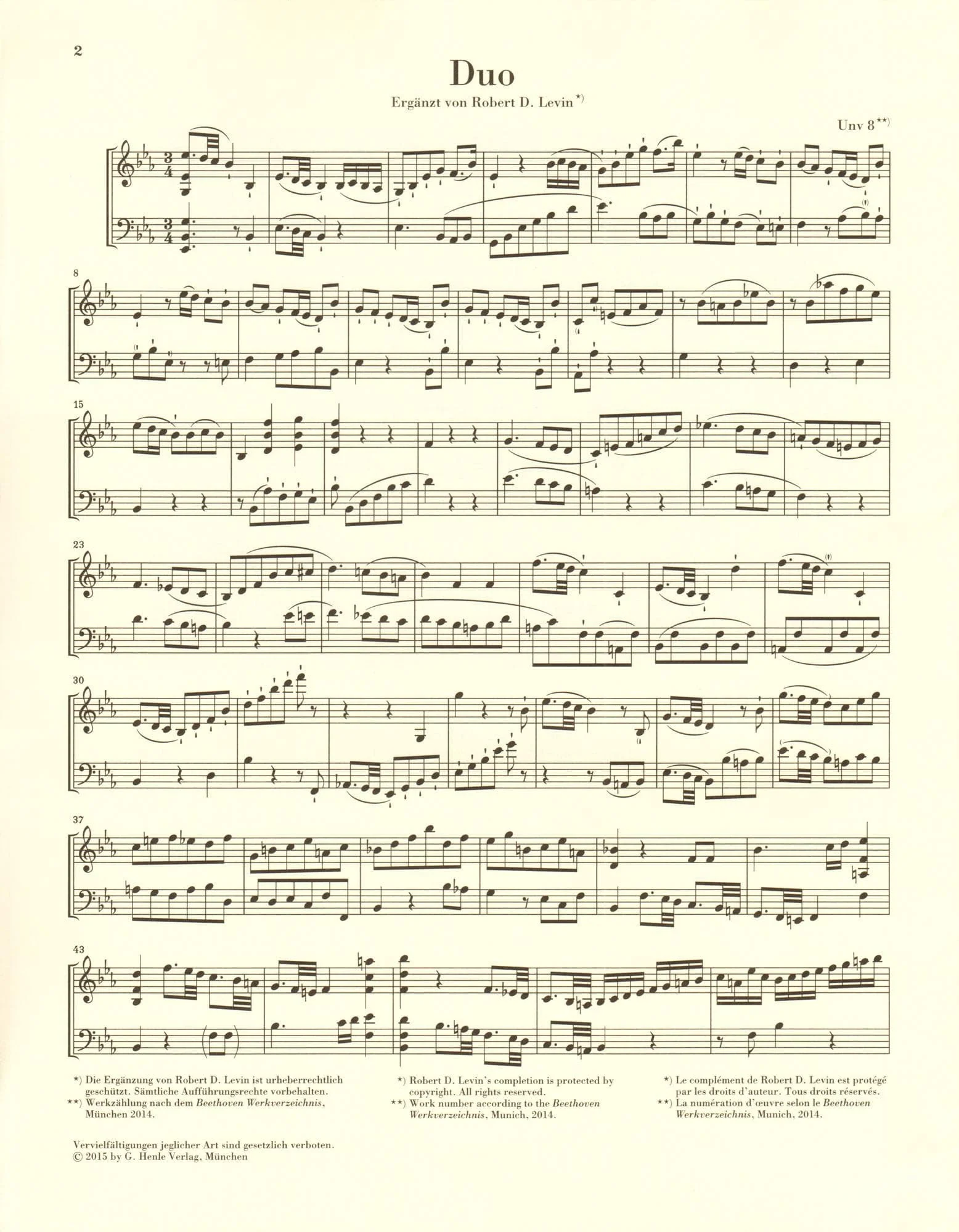 Beethoven - Duet Fragment - for Violin and Cello - edited and completed by Robert D. Levin - G Henle URTEXT - Image 3