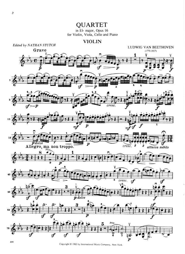 Beethoven, Ludwig - Piano Quartet in E-flat Major Op 16 for Violin, Viola, Cello and Piano - Arranged by Stutch - International Edition - Image 2