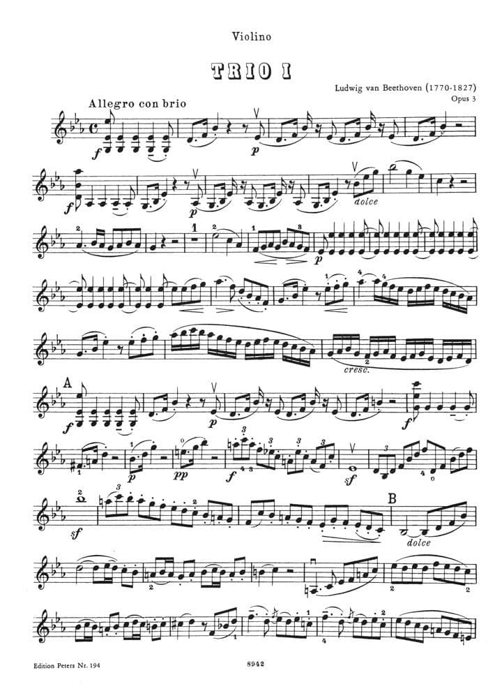 Beethoven, Ludwig - 6 Trios: Op 3, 8, 9, 25 - for Violin, Viola and Cello - arranged by Herrmann-Grummer - Peters Edition - Image 3