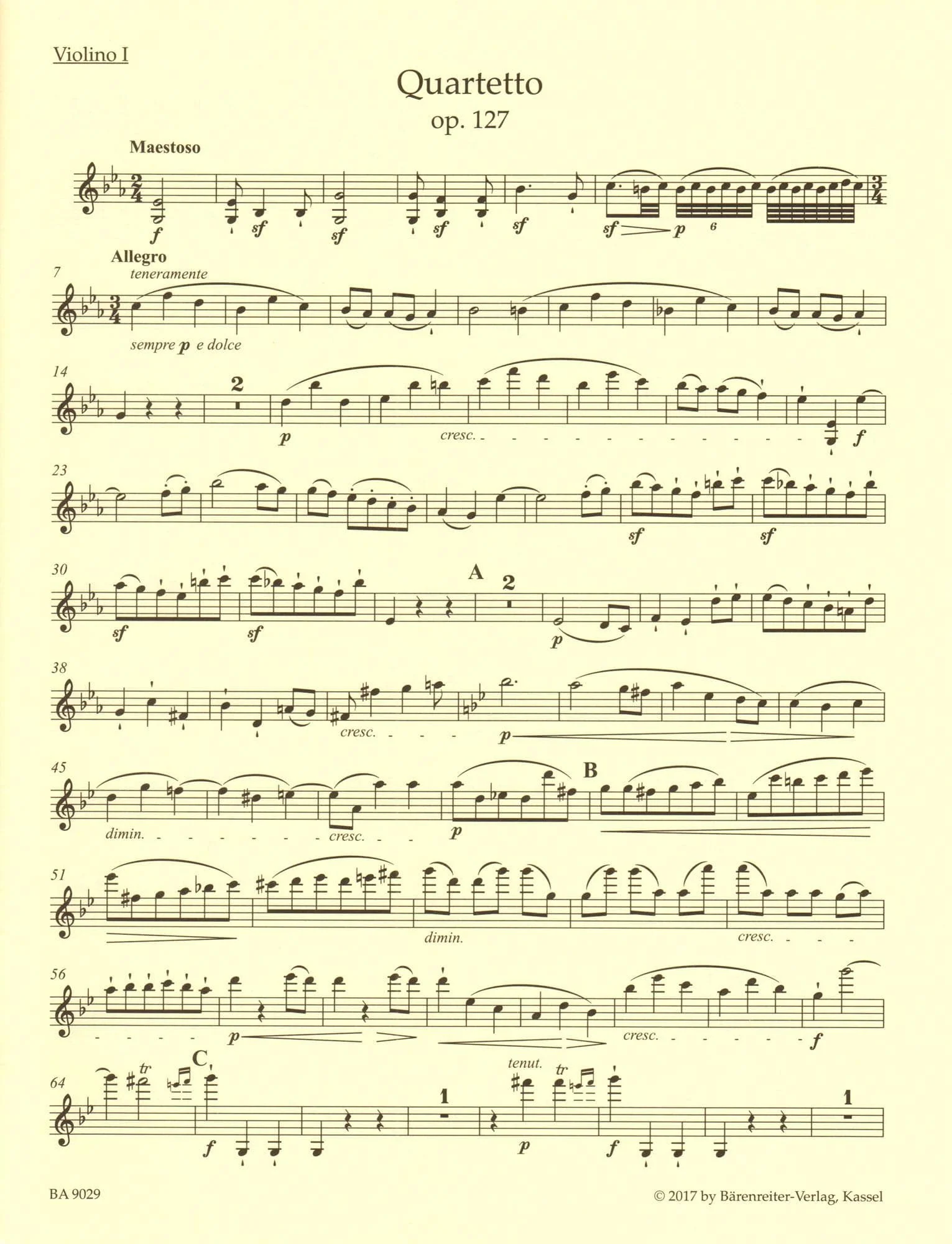 Beethoven, Ludwig van - String Quartet in E-flat major, op. 127 - Parts ONLY - edited by Jonathan Del Mar - Barenreiter URTEXT - Image 4