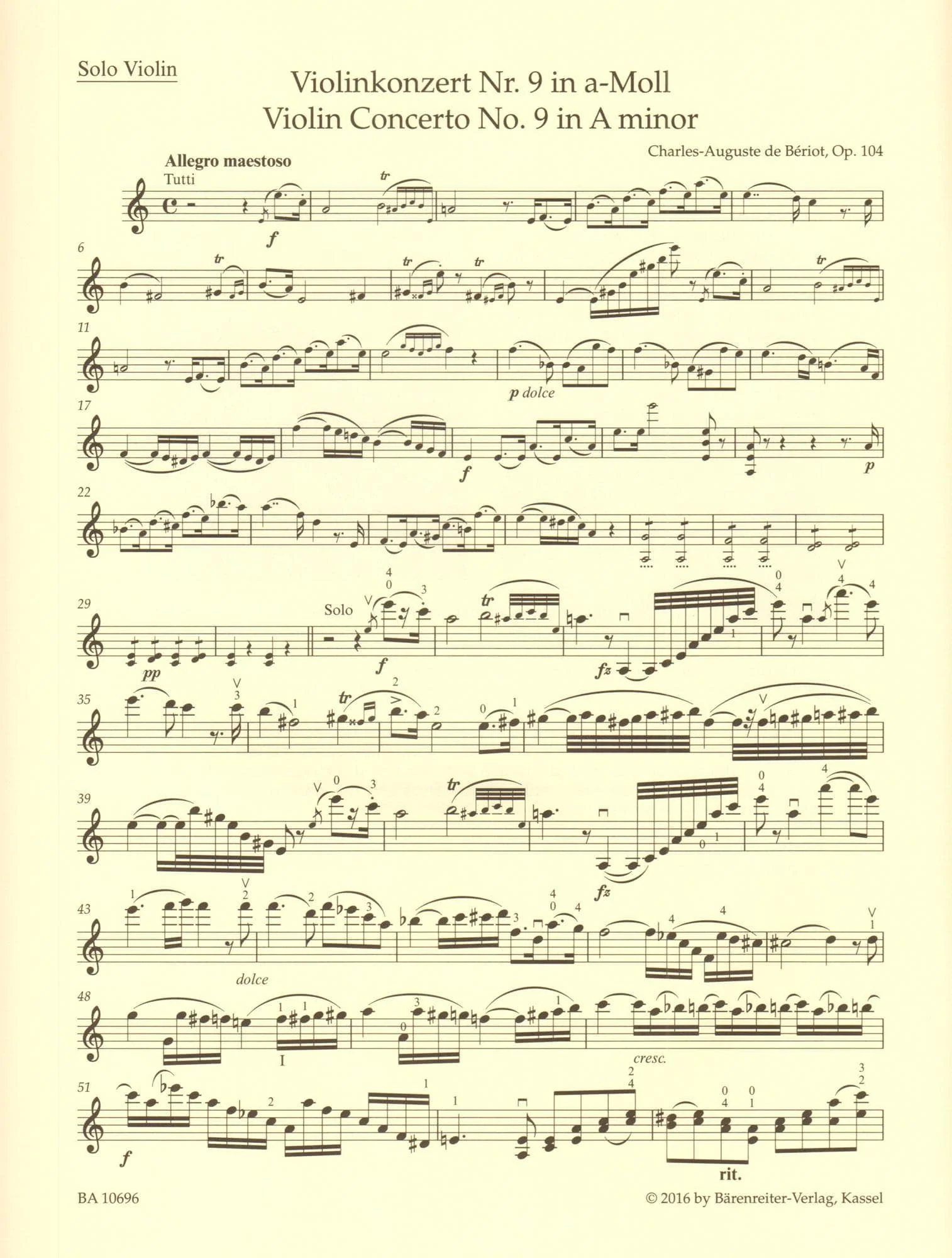 Charles-Auguste de Beriot - Violin Concerto No. 9 in A Minor, Op. 104 - for Violin and Piano - Barenreiter's Concert Pieces - Image 2