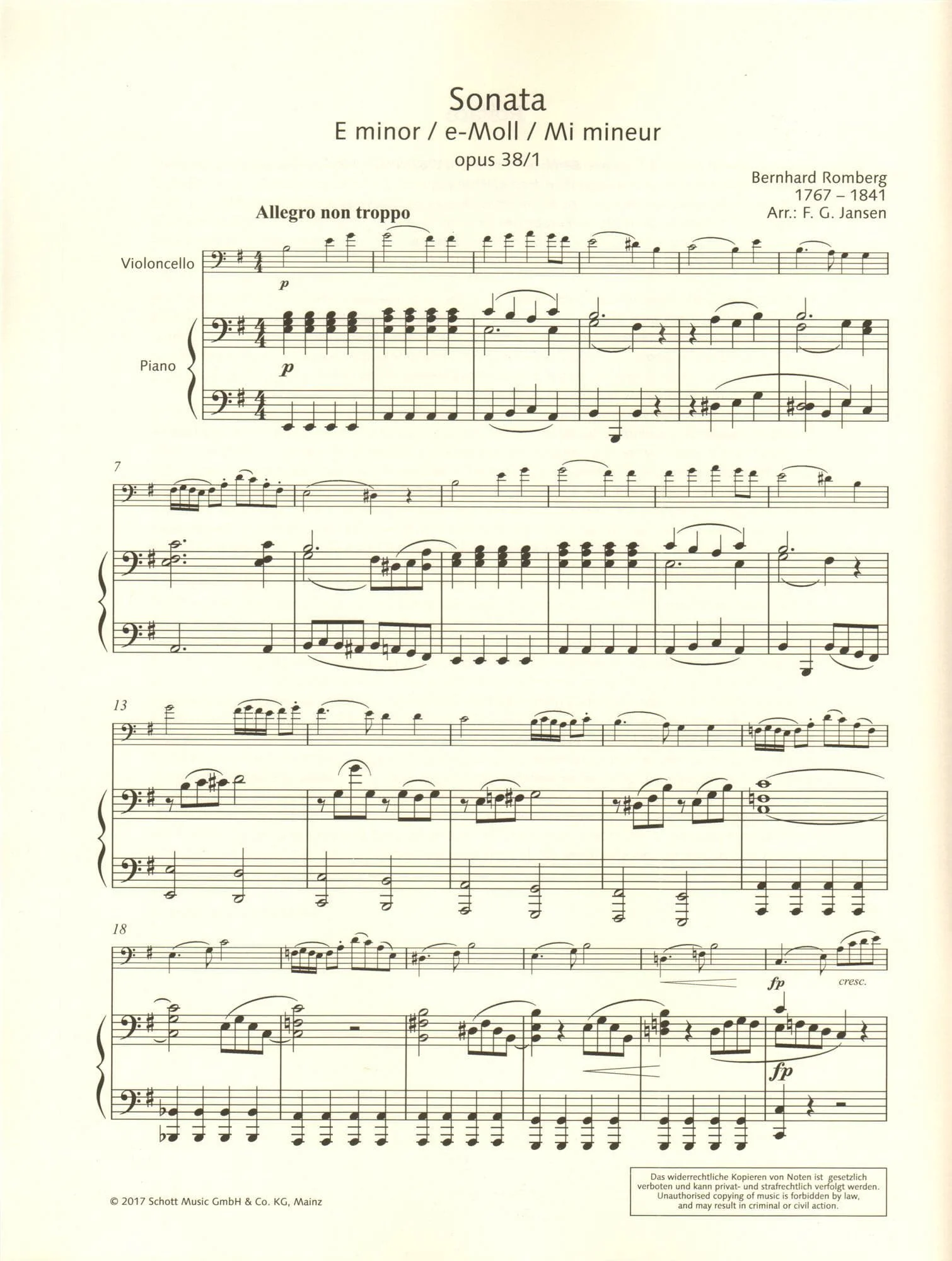 Romberg, Bernhard - Sonata in E minor, Op. 38/1 - for Cello and Piano - arranged by Jansen - edited by Ellis - Schott Student Edition - Image 4
