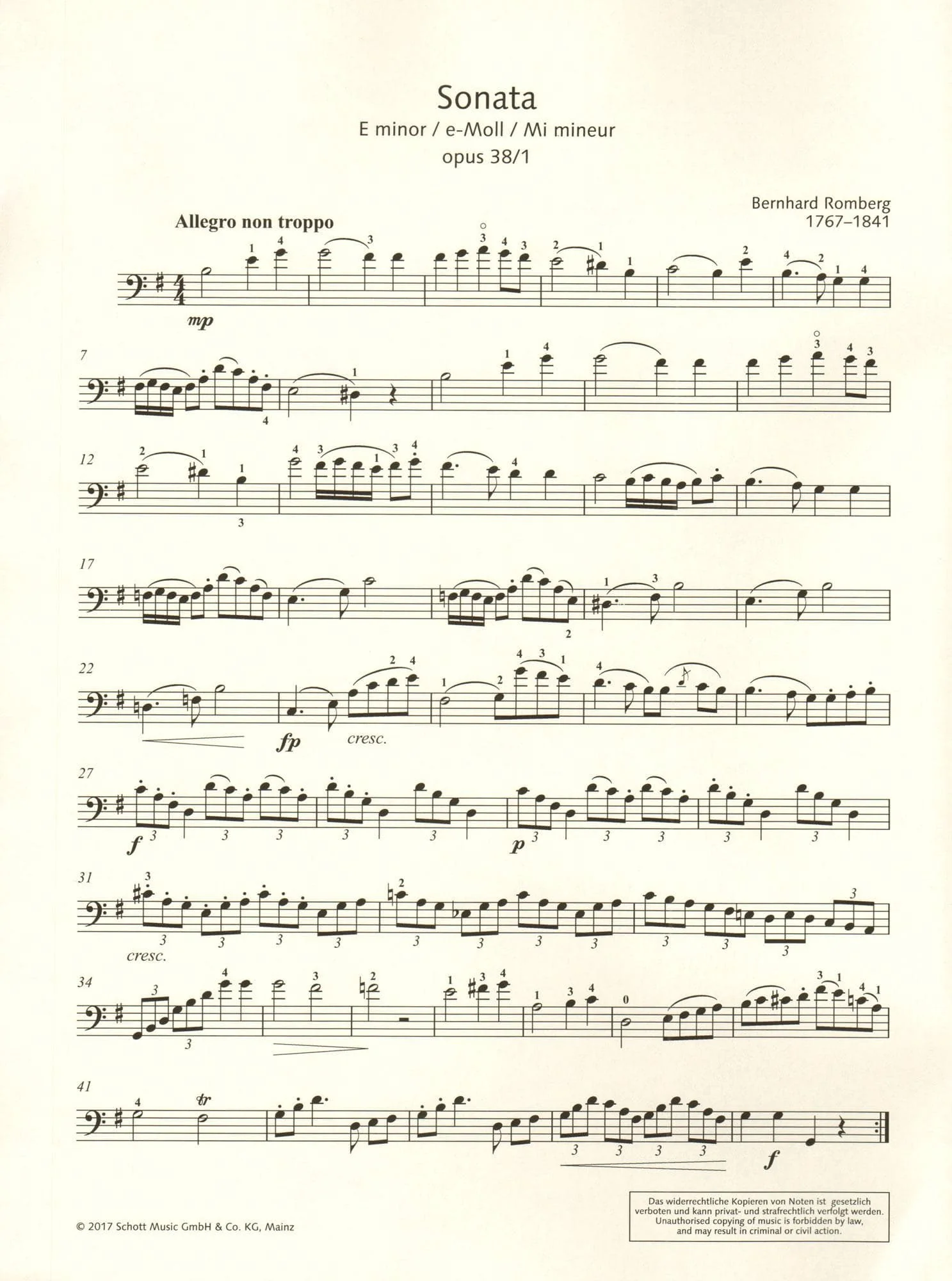Romberg, Bernhard - Sonata in E minor, Op. 38/1 - for Cello and Piano - arranged by Jansen - edited by Ellis - Schott Student Edition - Image 5