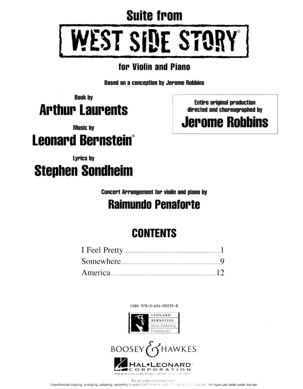 Bernstein, Leonard - Suite from "West Side Story" for Violin Piano - arranged by Raimundo Penaforte - Leonard Bernstein Music Publishing Co - Image 2