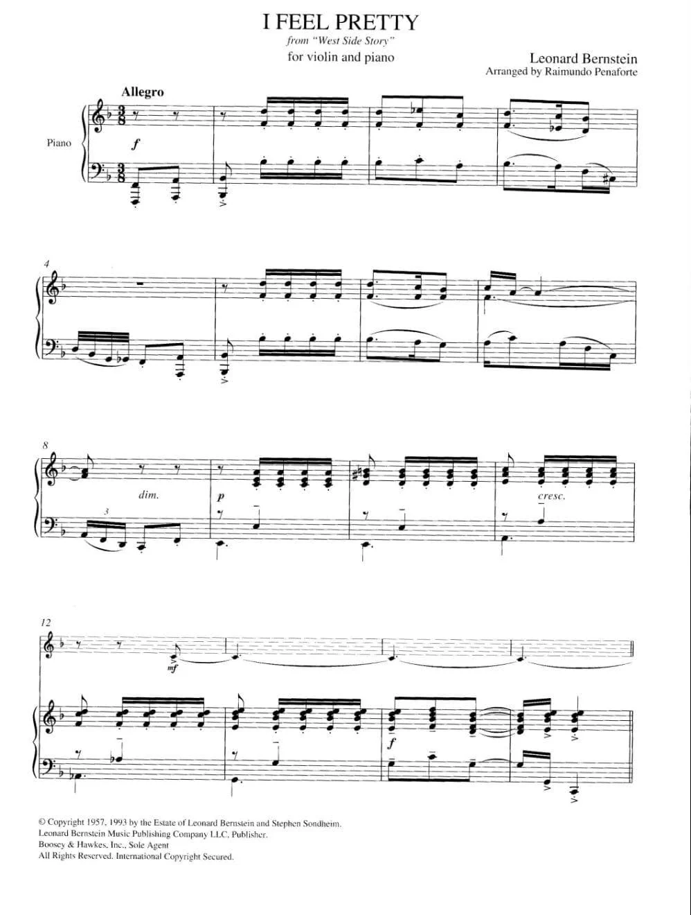 Bernstein, Leonard - Suite from "West Side Story" for Violin Piano - arranged by Raimundo Penaforte - Leonard Bernstein Music Publishing Co - Image 3