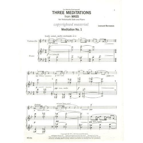 Bernstein, Leonard - 3 Meditations From "Mass" for Cello and Piano - Arranged by the composer - Amberson Publication - Image 2