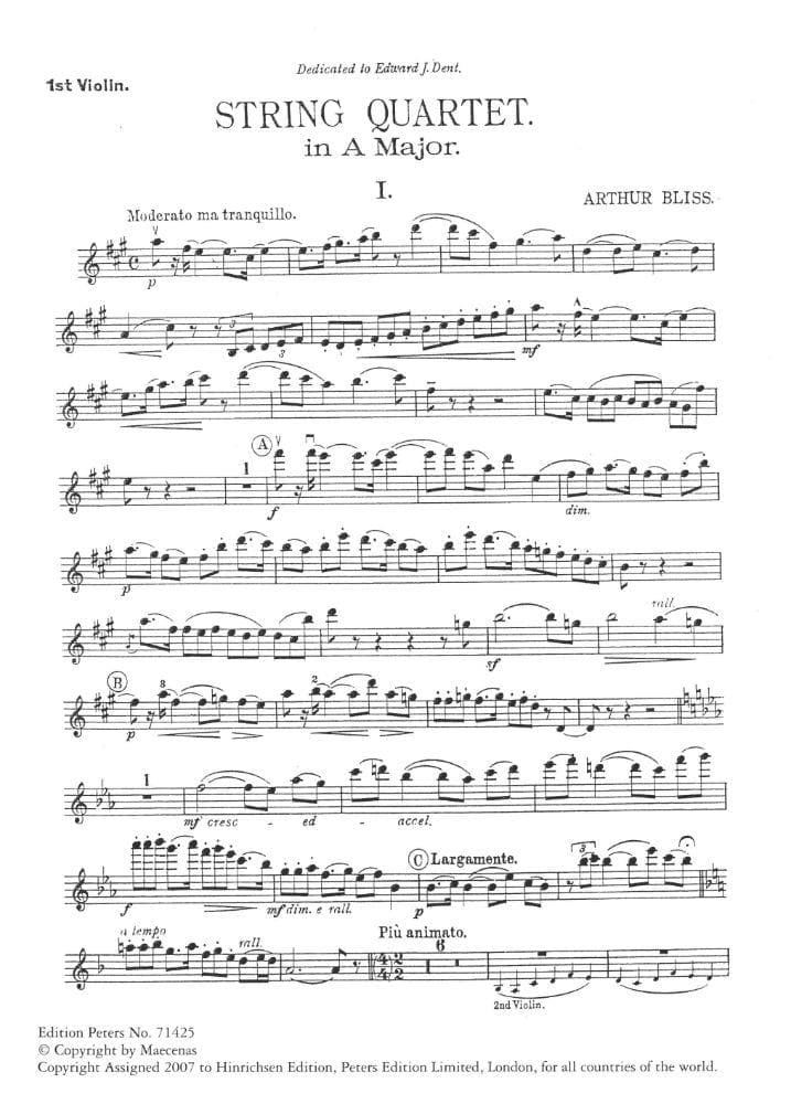 Bliss, Arthur String Quartet in A Major, Op 4 Two Violins, Viola, and Cello Score and Parts Edition Peters - Image 2