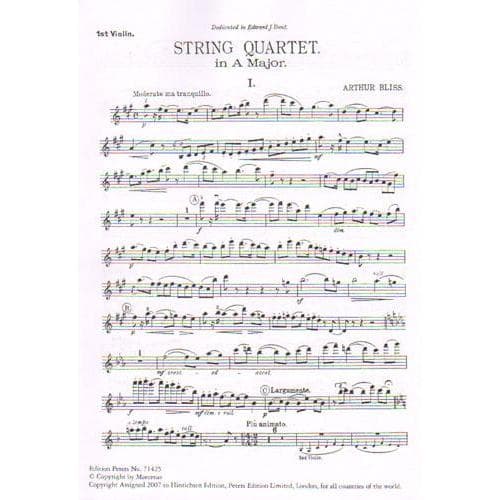 Bliss, Arthur String Quartet in A Major, Op 4 Two Violins, Viola, and Cello Score and Parts Edition Peters - Image 3