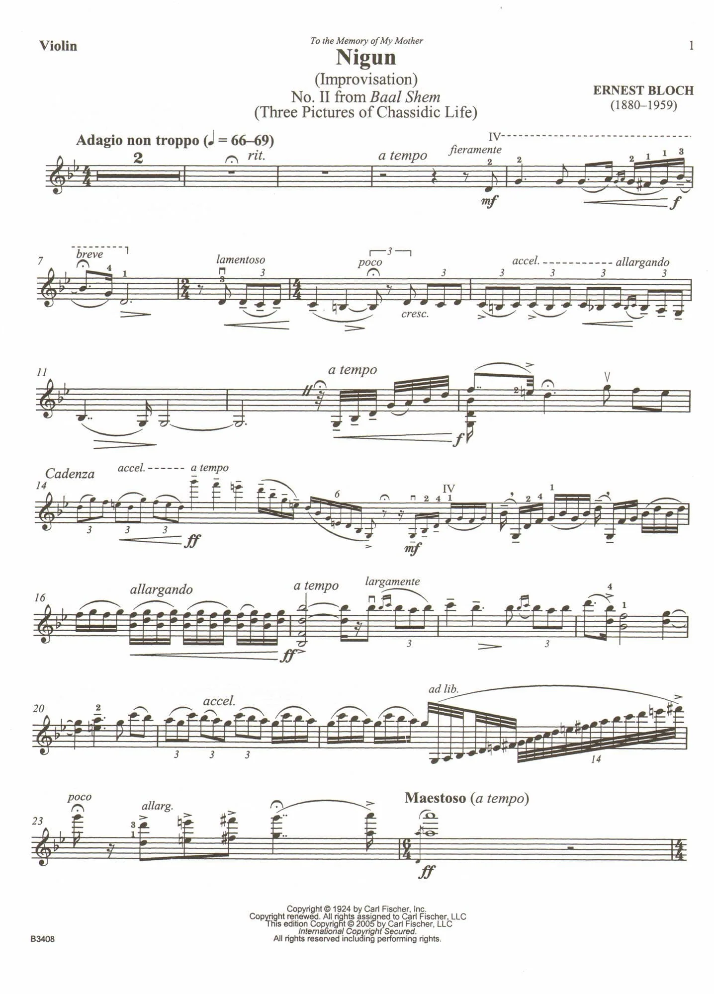 Bloch, Ernest - Nigun (Improvisation) No. 2 from "Baal Shem" (Three Pictures of Chassidic Life) - for Violin with Piano or Audio Accompaniment - Carl Fischer - Image 3