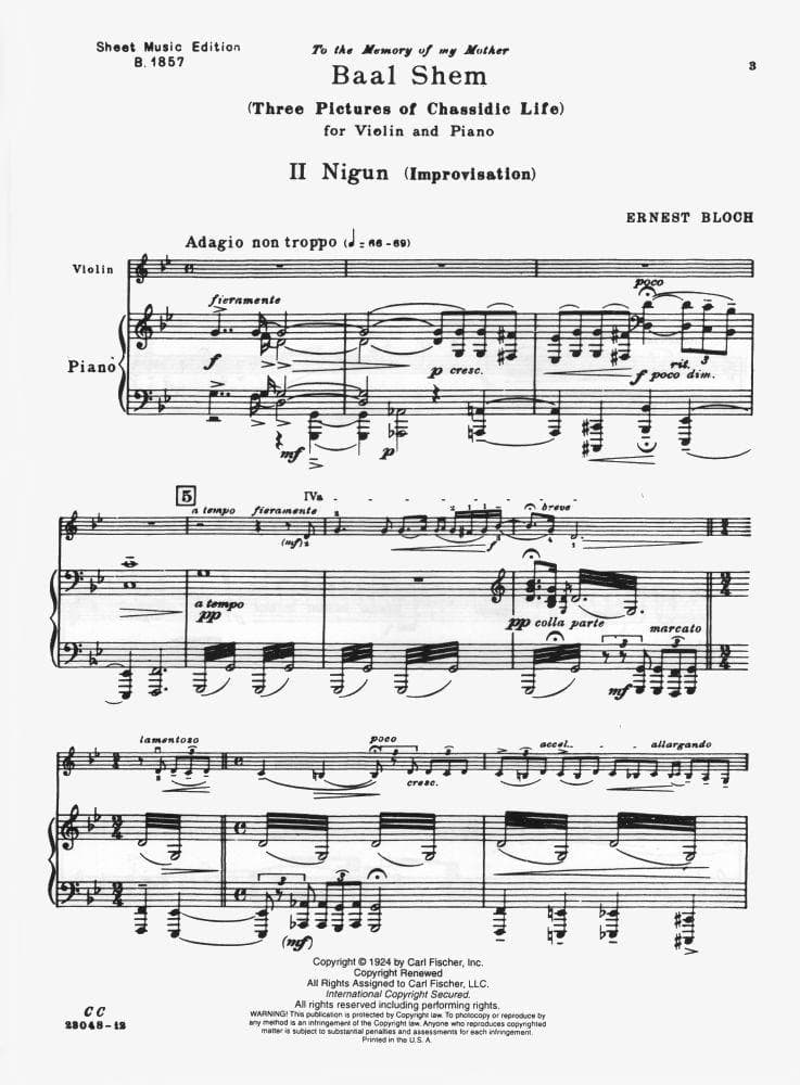 Bloch, Ernest - Nigun (Improvisation) No2 from "Baal Shem" (Three Pictures of Chassidic Life) for Violin and Piano - Fischer Edition - Image 2