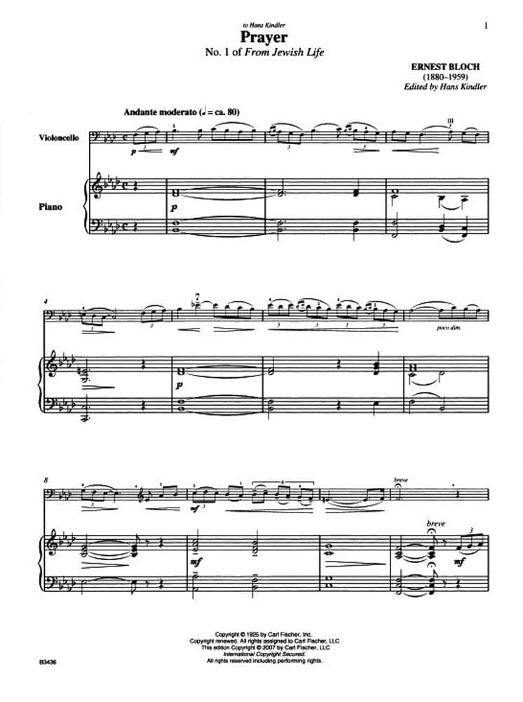 Bloch, Ernest - Prayer No 1 from Jewish Life for Cello with Piano Accompaniment - Edited by Kindler - Fischer Edition - Image 2