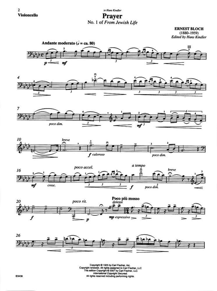 Bloch, Ernest - Prayer No 1 from Jewish Life for Cello with Piano Accompaniment - Edited by Kindler - Fischer Edition - Image 3