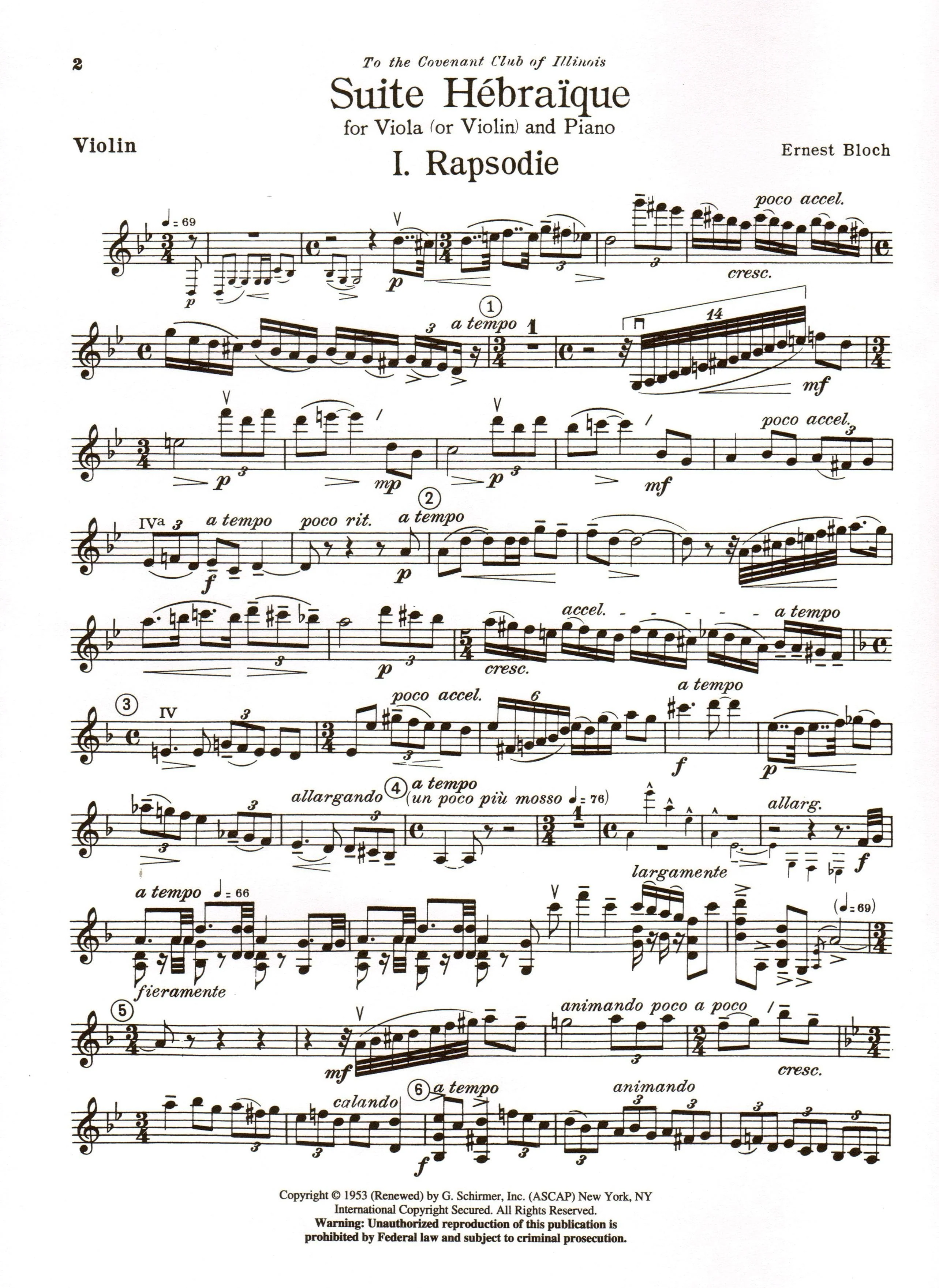 Bloch, Ernest - Suite Hebraique - Viola (or Violin) and Piano - G Schirmer Edition - Image 2