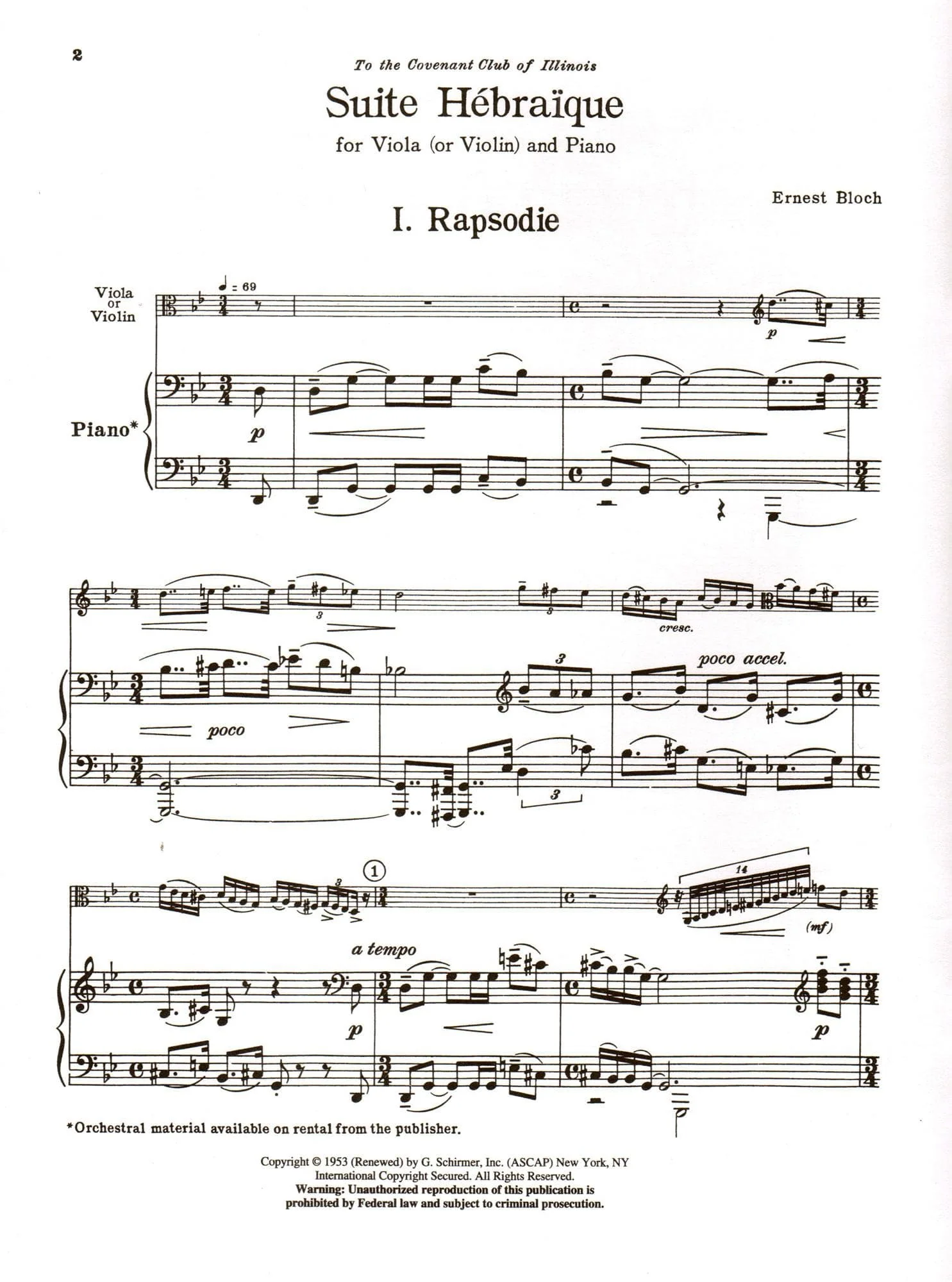 Bloch, Ernest - Suite Hebraique - Viola (or Violin) and Piano - G Schirmer Edition - Image 4
