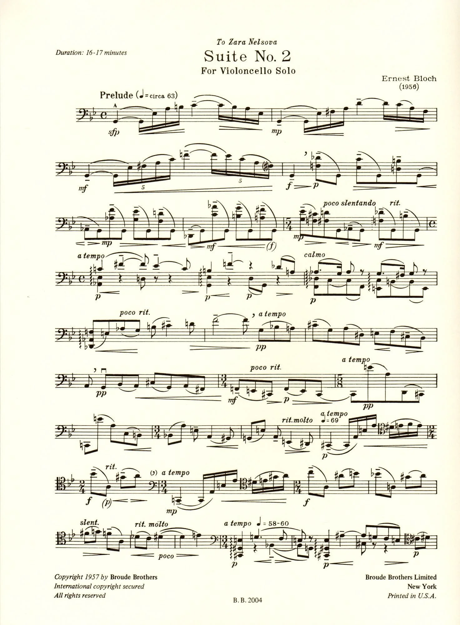 Bloch, Ernest - Suite No 2 for Cello (1956) - Broude Brothers Edition - Image 2