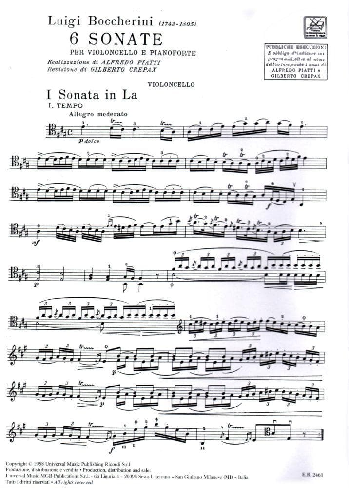 Boccherini, Luigi - 6 Sonatas for Cello and Piano - Ricordi Edition - Image 2